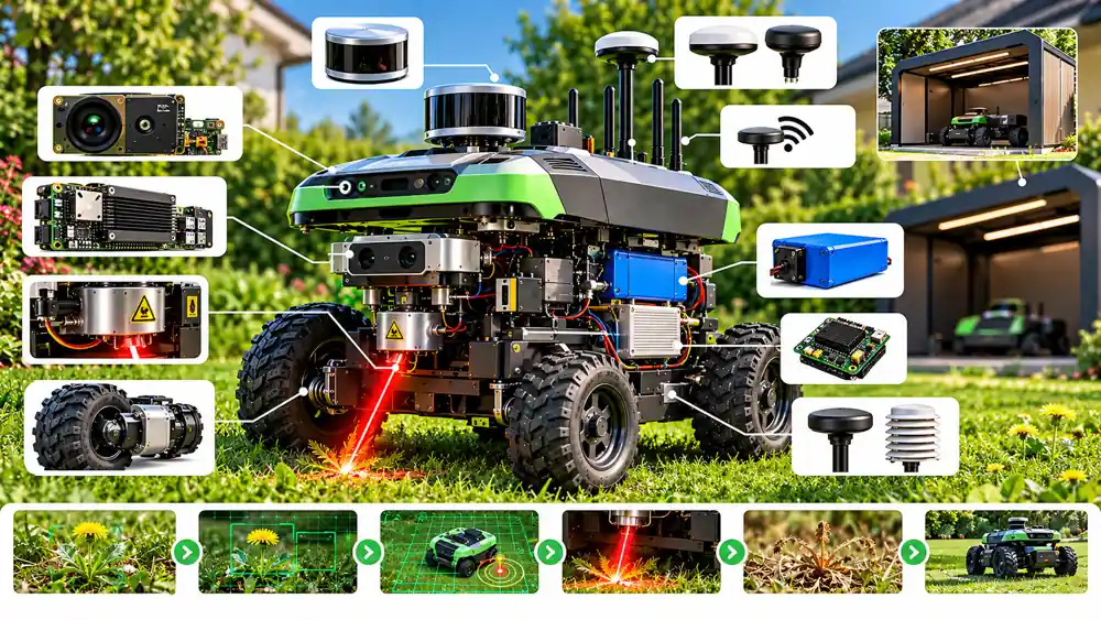 Décomposition des principaux composants : caméra, LiDAR, RTK, Jetson, batterie et motorisation.