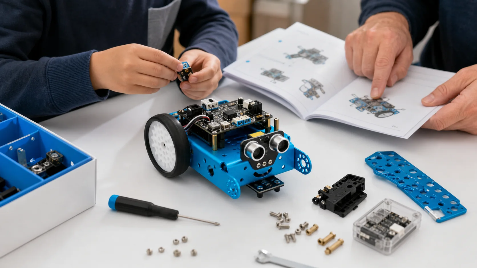 Visuel editorial genere d'un robot educatif a deux roues examine sur un bureau.