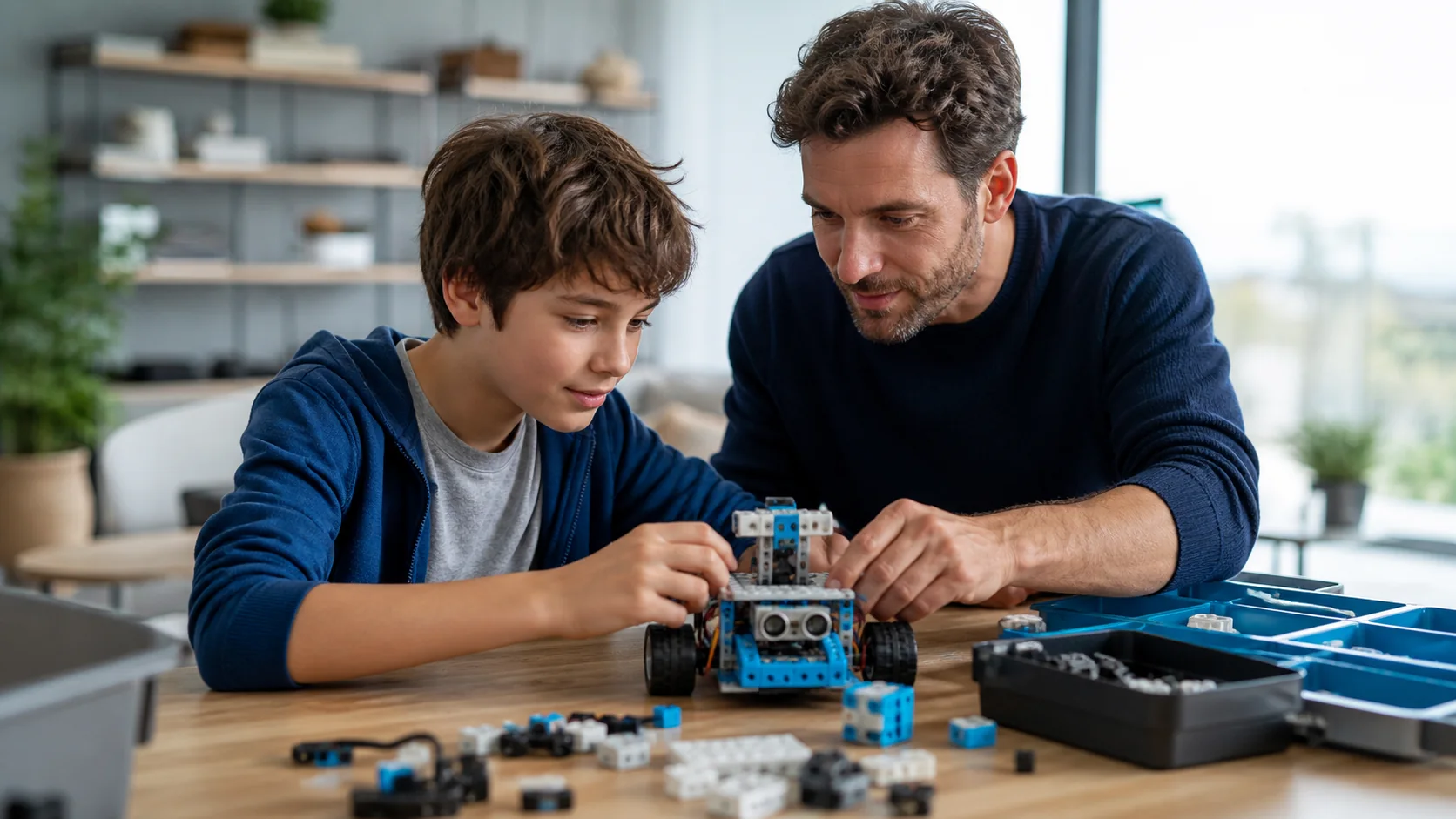 Visuel editorial genere montrant un enfant et un adulte assemblant un robot educatif.