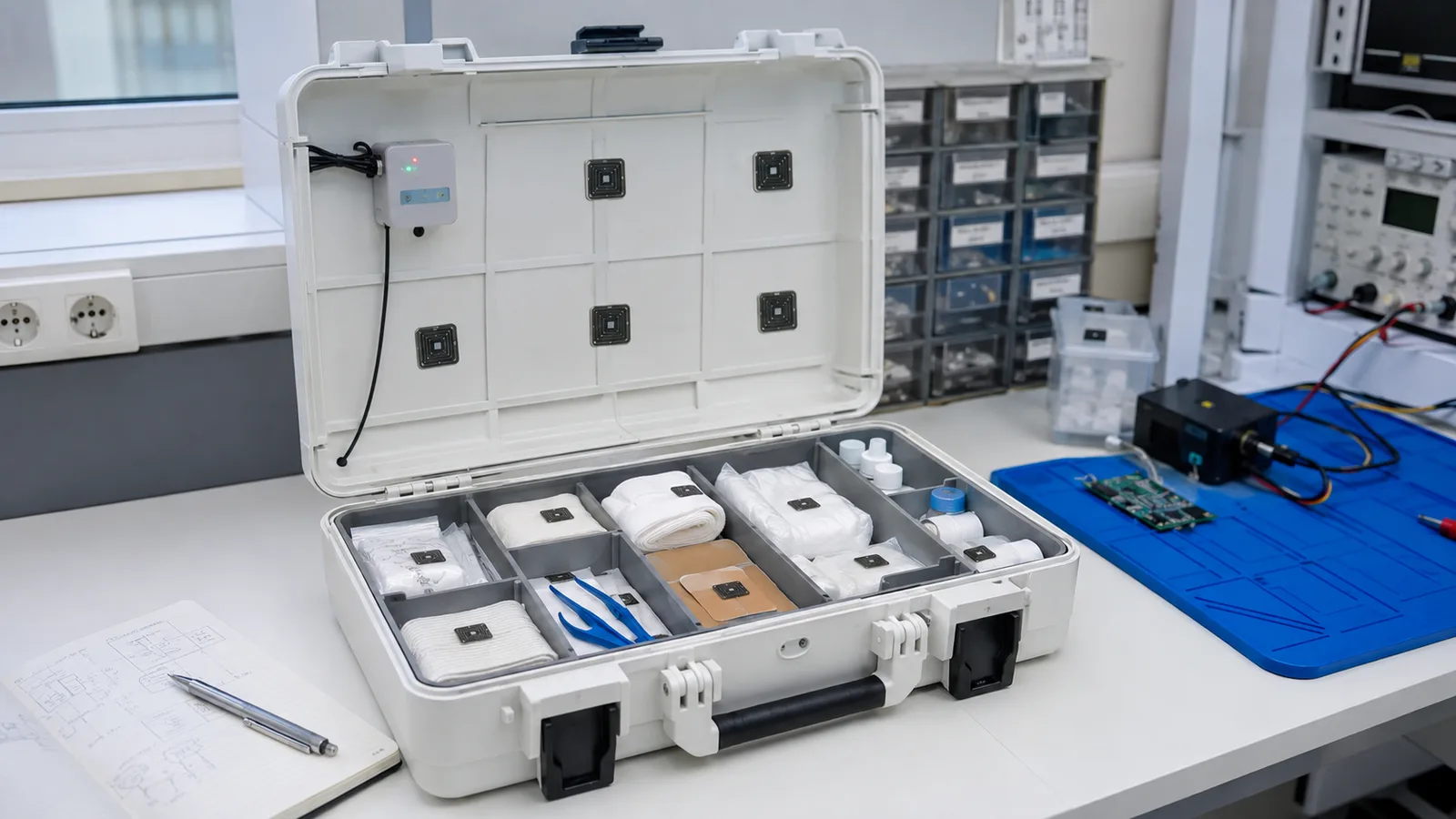 Visuel éditorial d'un prototype de trousse à inventaire automatique, sans produit commercial représenté.