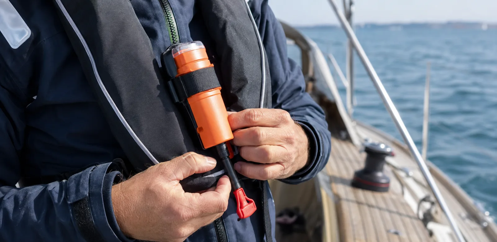 Visuel éditorial d'une balise de détresse générique fixée à un gilet de sauvetage sur un voilier; ce n'est pas une représentation exacte de la rescueME PLB3.
