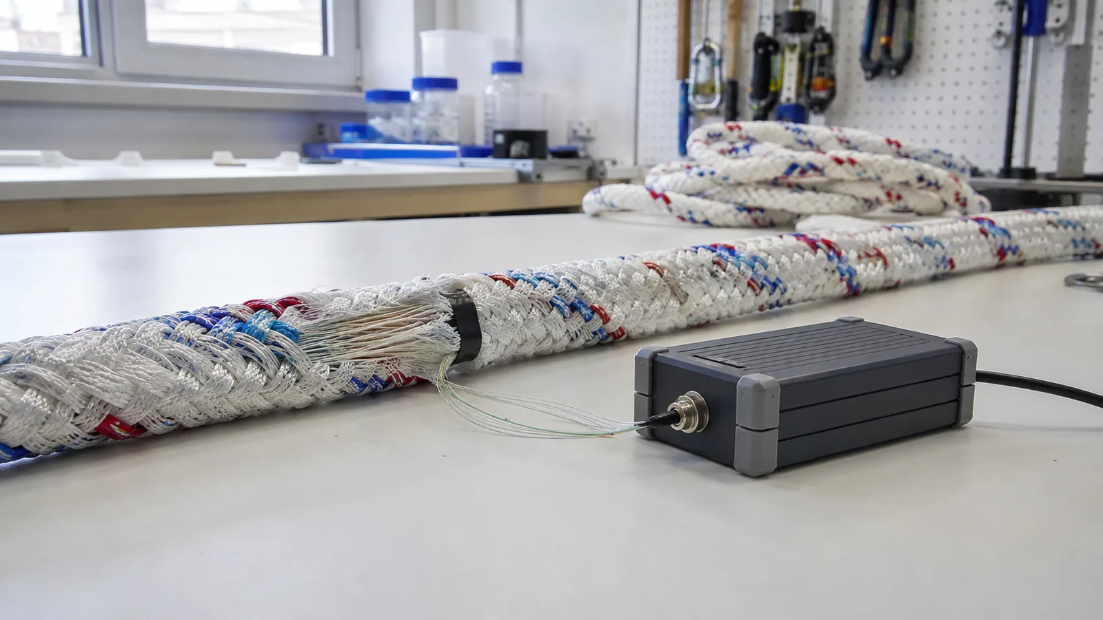 Visuel éditorial d'une corde instrumentée en laboratoire; il ne montre pas un produit commercial.