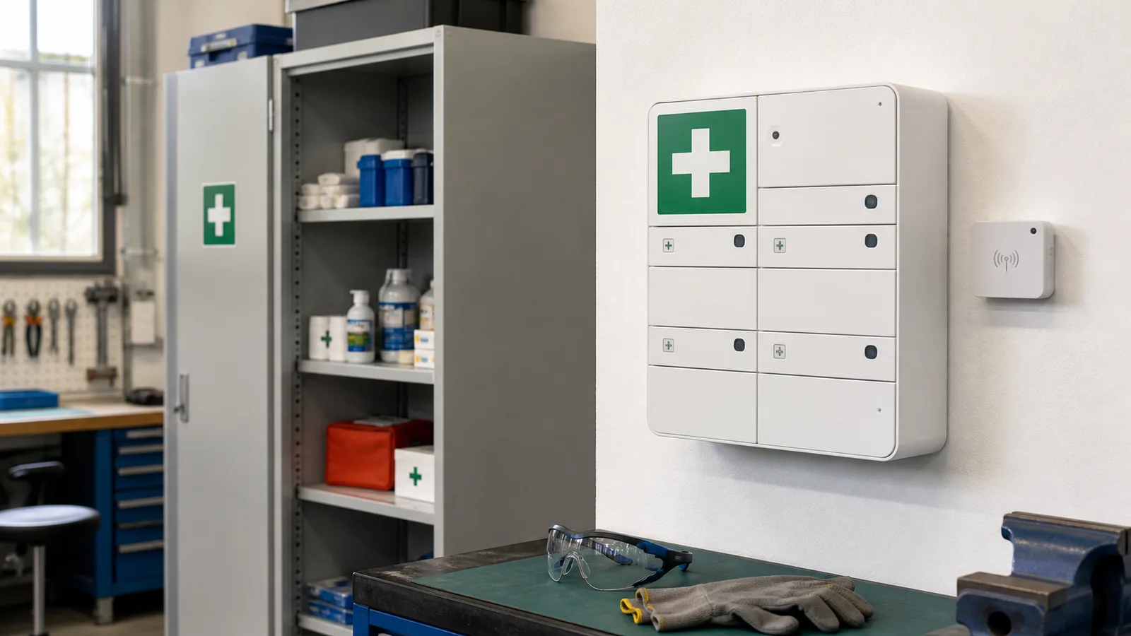 Visuel éditorial d'un poste de premiers secours professionnel connecté; il ne représente pas flawa iQ exactement.