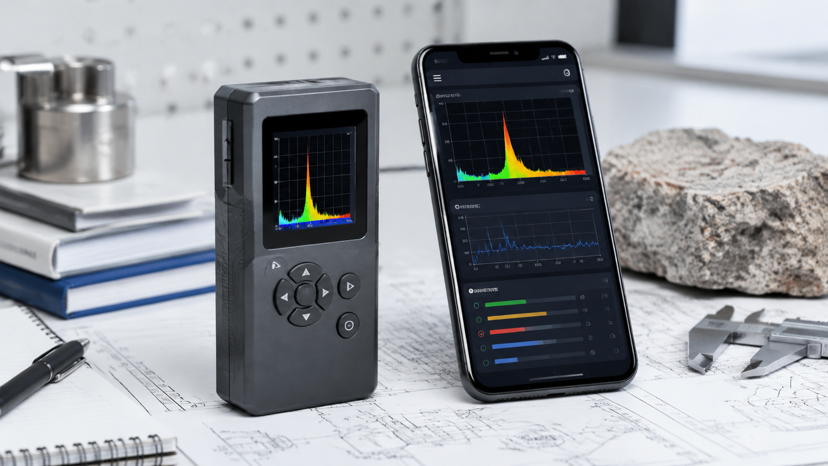 Visuel éditorial d'un détecteur radiologique portable et d'une application de mesure; il ne représente pas exactement le Radiacode 110.