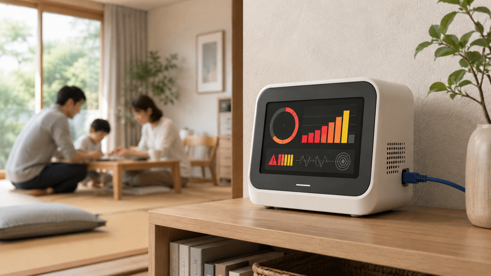 Visuel éditorial d'un terminal domestique connecté d'alerte sismique; il ne représente pas exactement le Century JMB-AH.