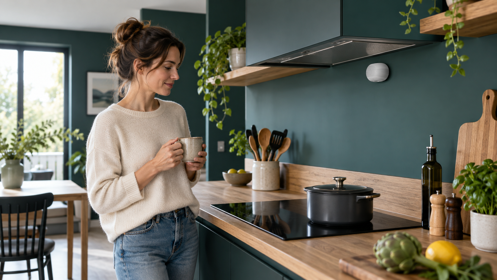 Cuisine domestique avec un capteur de prévention au-dessus de la zone de cuisson; visuel éditorial sans modèle commercial exact.