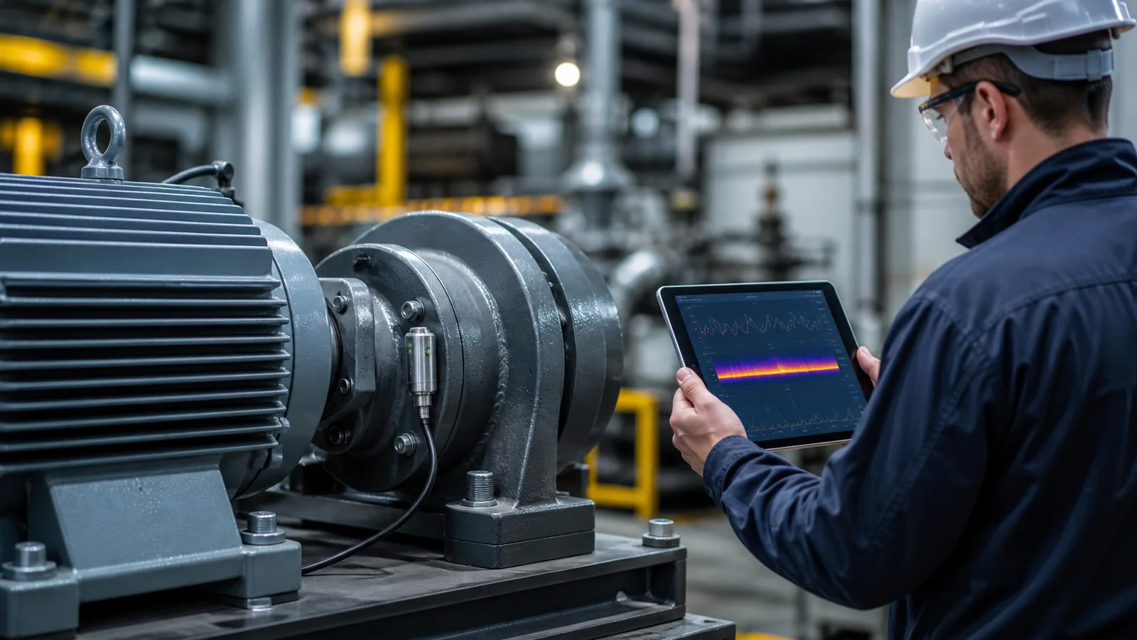 Technicien observant la température d'un moteur industriel équipé d'un capteur générique