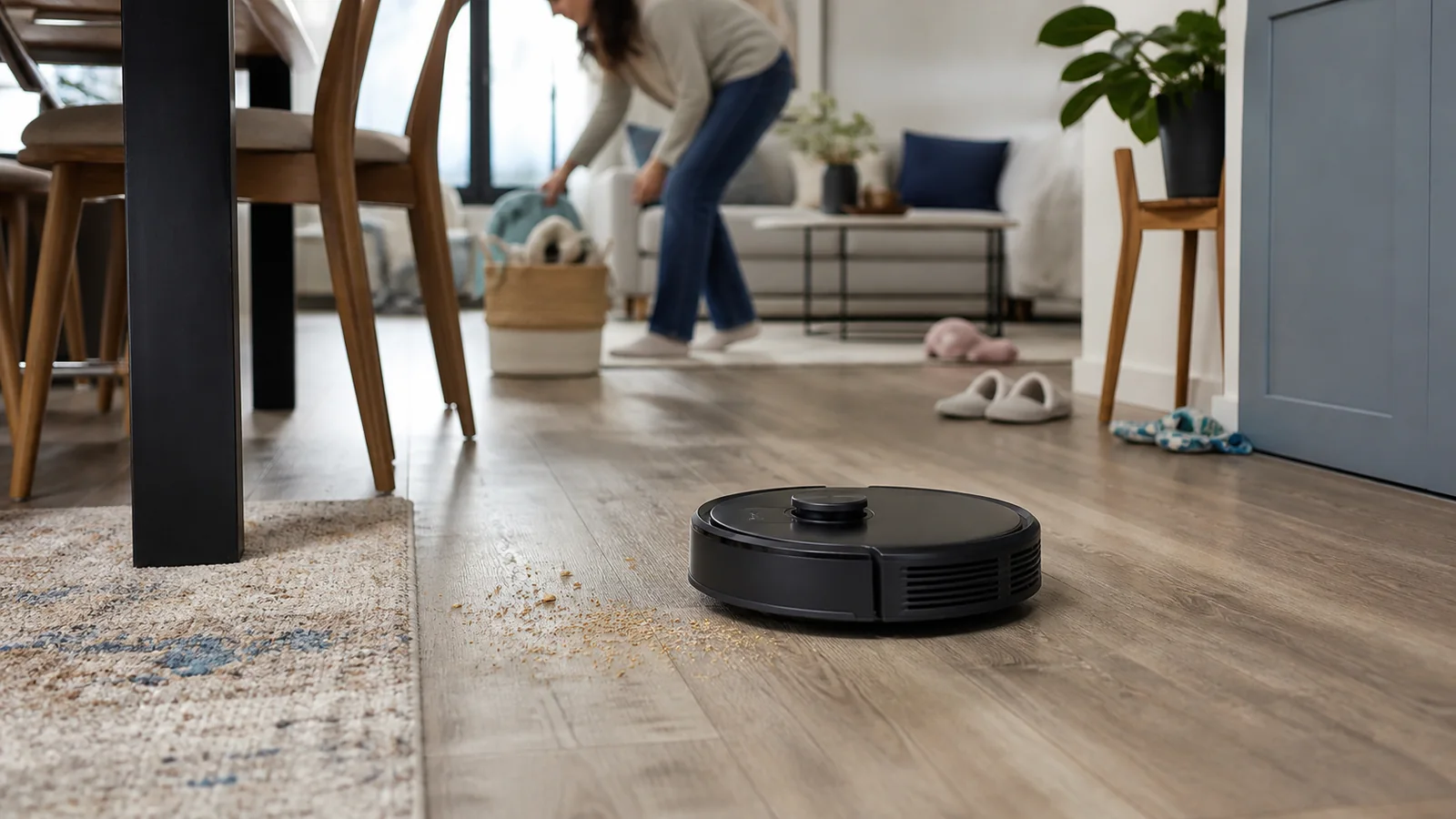 Robot aspirateur-laveur générique nettoyant un sol habité entre tapis et mobilier