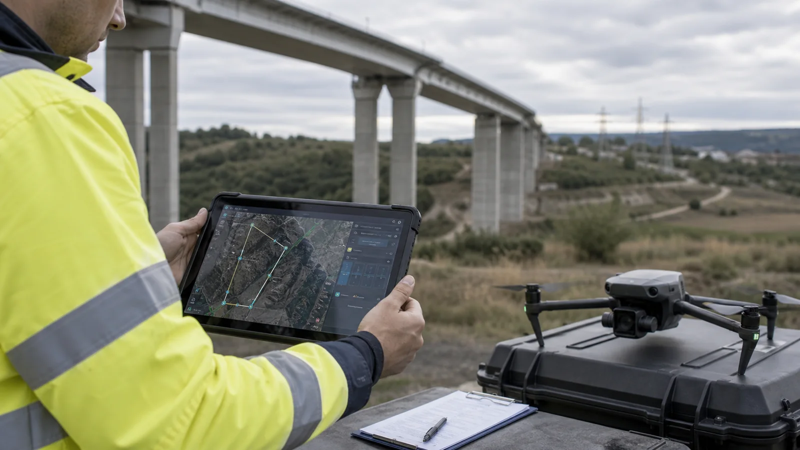 Opérateur préparant une mission d'inspection civile sur une tablette près d'un drone générique