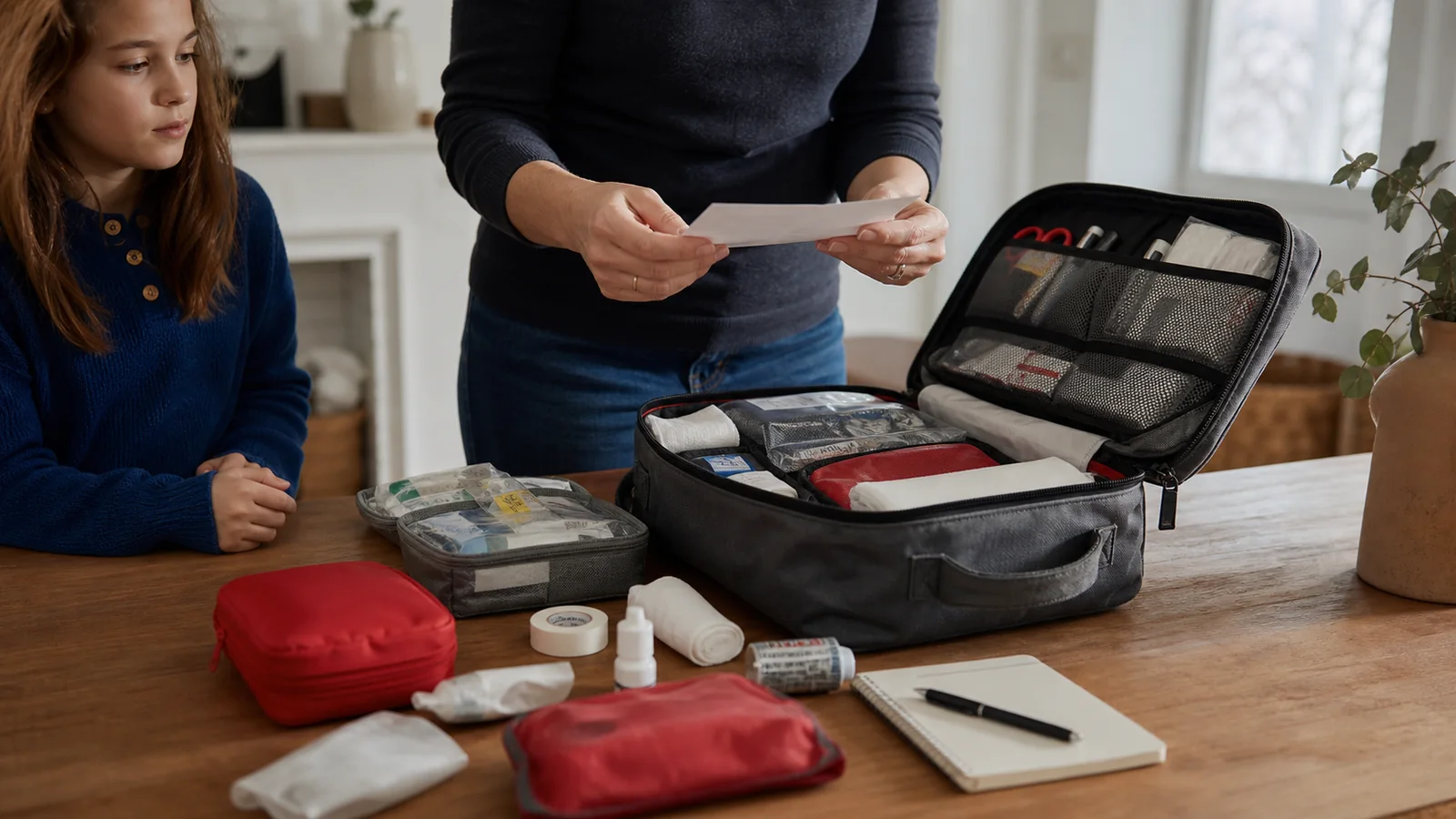 Mise en situation éditoriale d'un trousse de premiers secours familiale dans un contexte de secours domestique