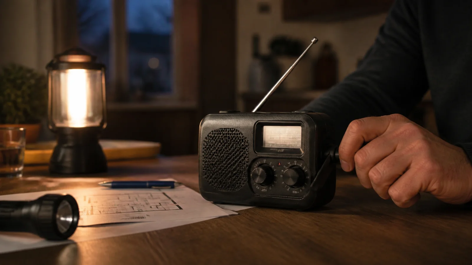 Mise en situation éditoriale d'un radio d'urgence à manivelle dans un contexte de secours domestique