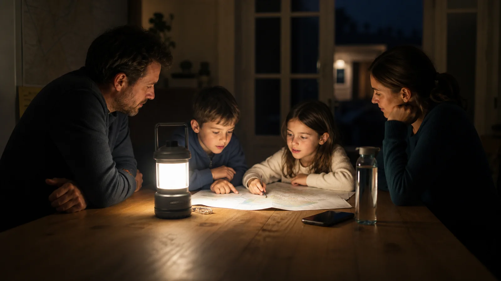 Mise en situation éditoriale d'un lampe d'urgence rechargeable dans un contexte de secours domestique