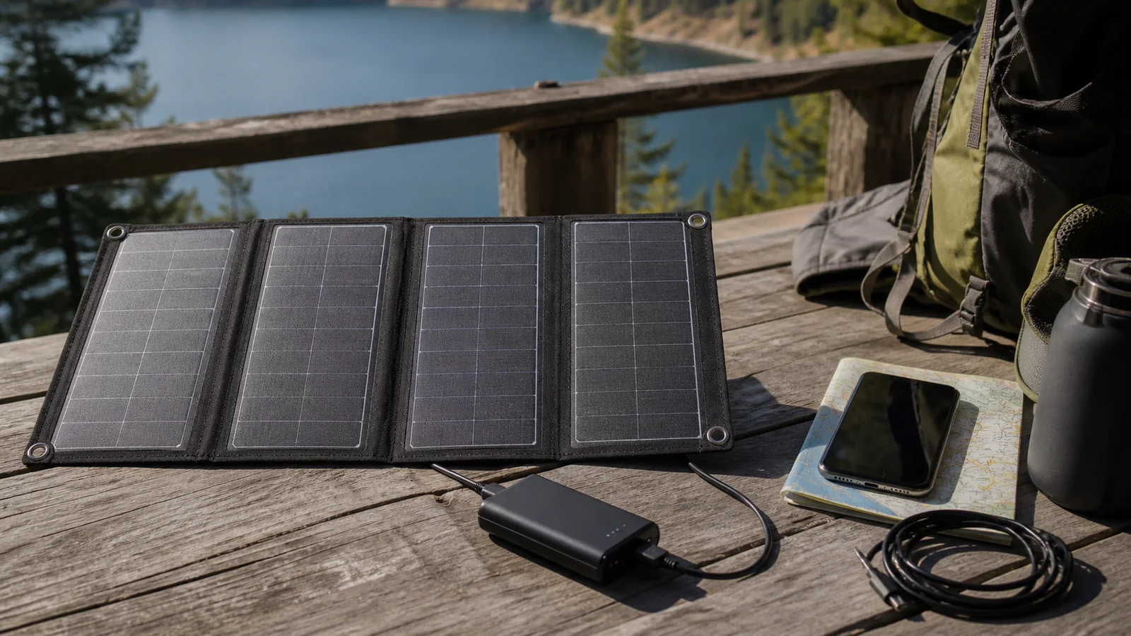 Mise en situation éditoriale d'un chargeur solaire compact dans un contexte de secours domestique
