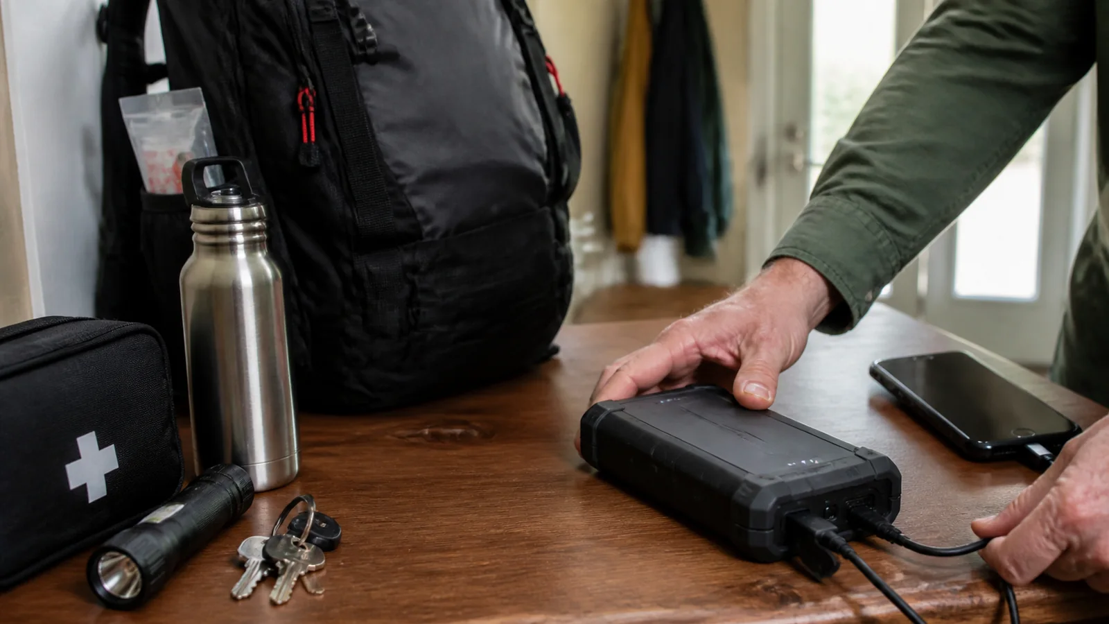 Mise en situation éditoriale d'un batterie externe robuste dans un contexte de secours domestique