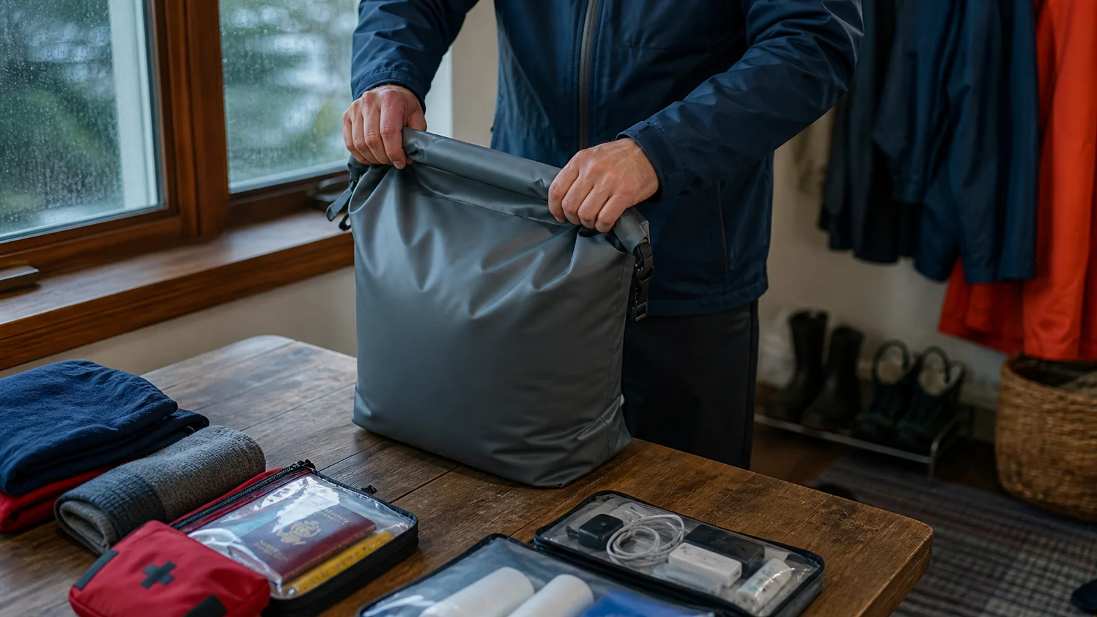Mise en situation éditoriale d'un sac étanche de secours dans un contexte de secours domestique