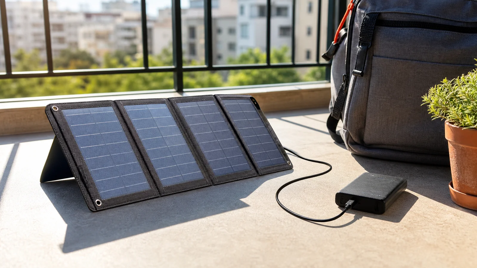 Mise en situation éditoriale d'un mini panneau solaire pliable dans un contexte de secours domestique