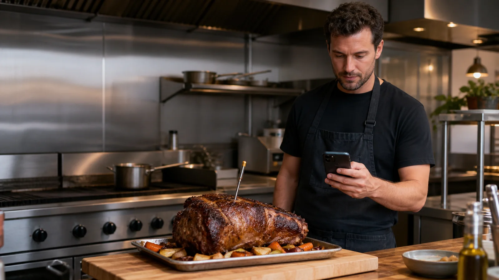 Mise en situation éditoriale d'un thermomètre de cuisine connecté dans son contexte d'usage professionnel