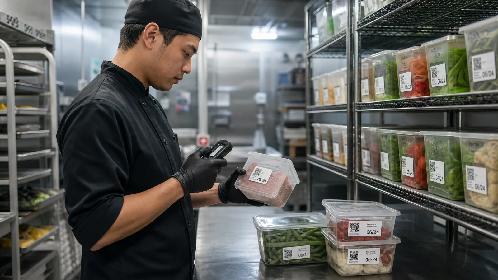 Mise en situation éditoriale d'un étiquettes dlc avec qr code dans son contexte d'usage professionnel