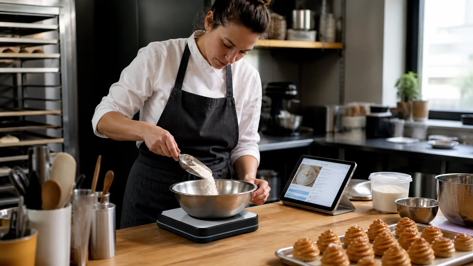 Mise en situation éditoriale d'un balance de cuisine connectée dans son contexte d'usage professionnel