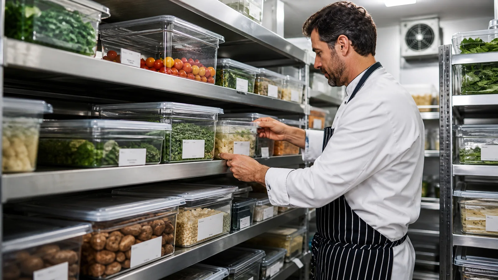 Mise en situation éditoriale d'un bac gastro avec couvercle et date dans son contexte d'usage professionnel