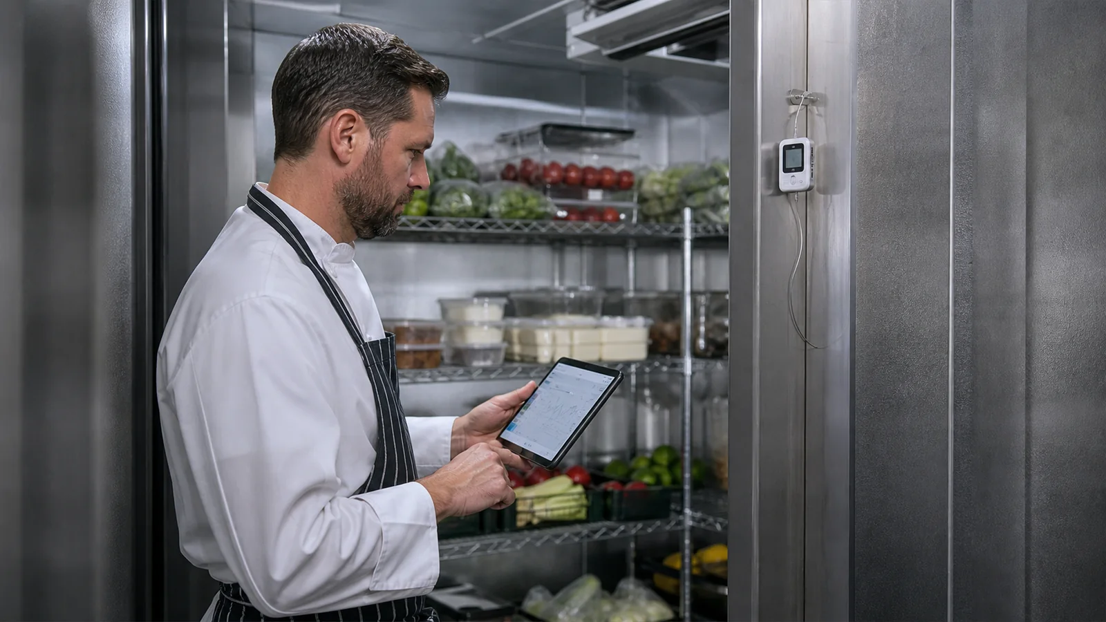 Mise en situation éditoriale d'un enregistreur de température de frigo dans son contexte d'usage professionnel