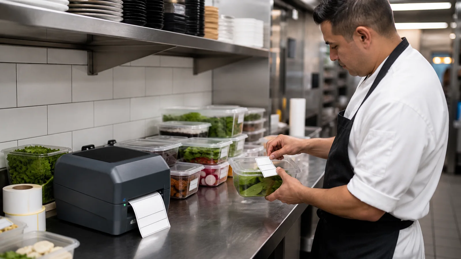 Mise en situation éditoriale d'un imprimante d'étiquettes de cuisine dans son contexte d'usage professionnel