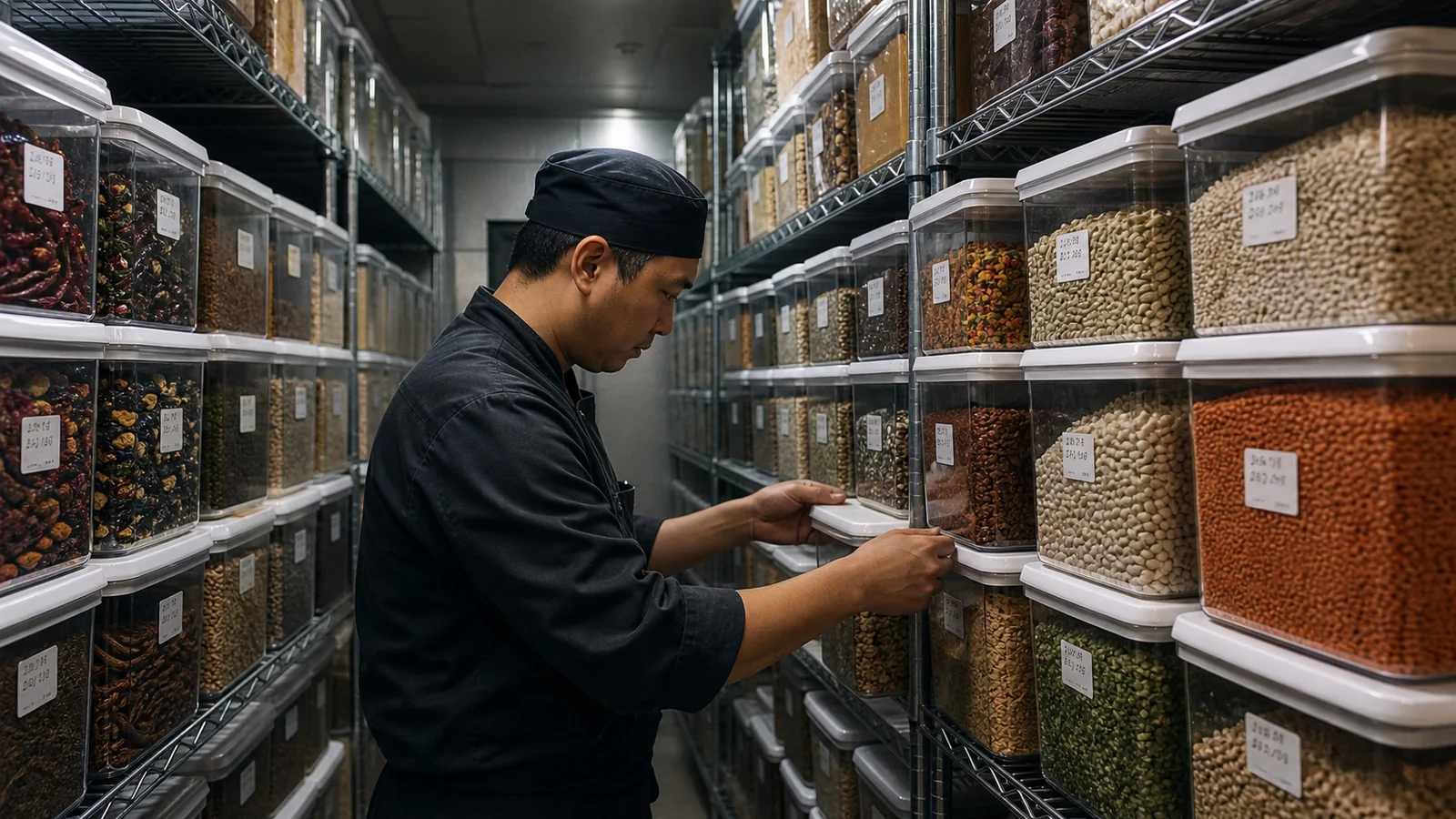 Mise en situation éditoriale d'un boîte de stockage alimentaire hermétique dans son contexte d'usage professionnel