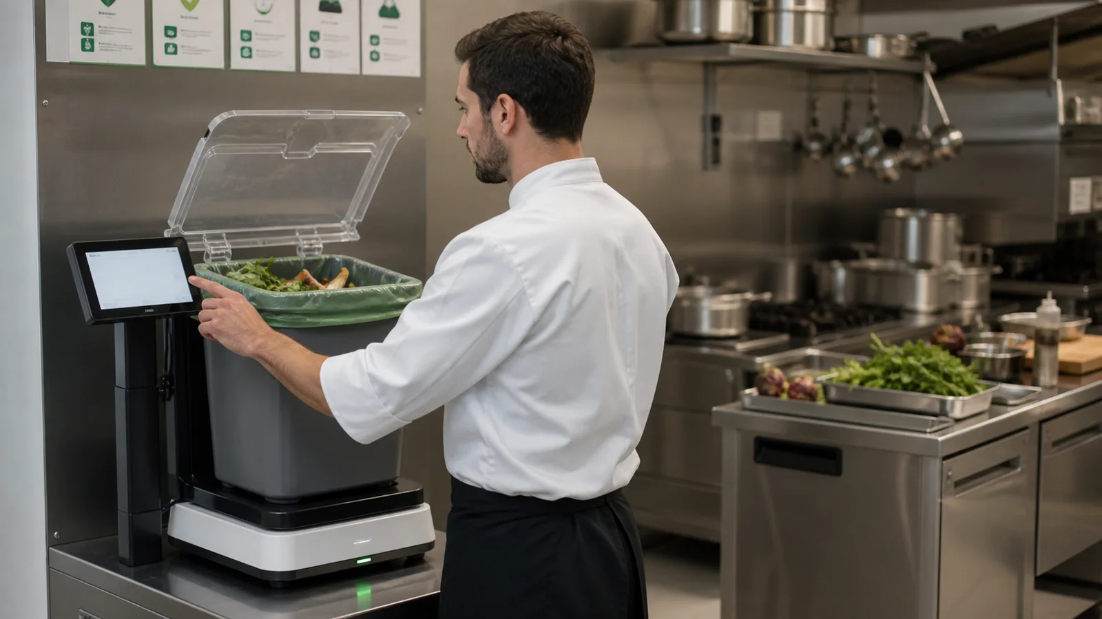 Mise en situation éditoriale d'un poubelle pesée des pertes alimentaires dans son contexte d'usage professionnel