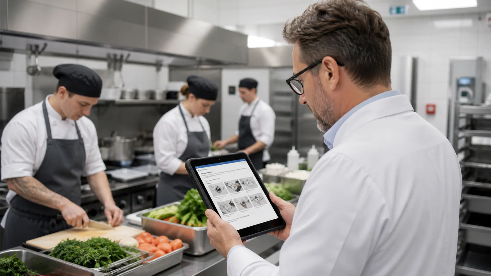 Mise en situation éditoriale d'un tablette de fiche technique protégée dans son contexte d'usage professionnel