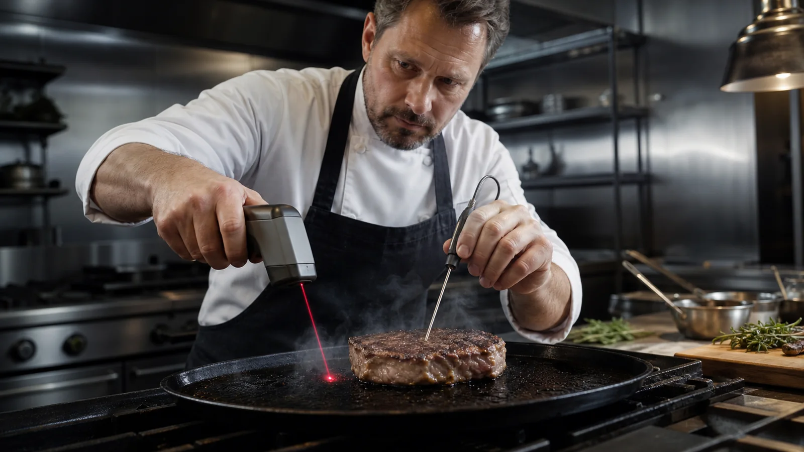 Mise en situation éditoriale d'un thermomètre infrarouge alimentaire dans son contexte d'usage professionnel