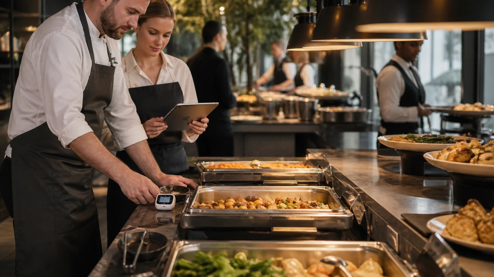 Mise en situation éditoriale d'un module de température pour buffet dans son contexte d'usage professionnel