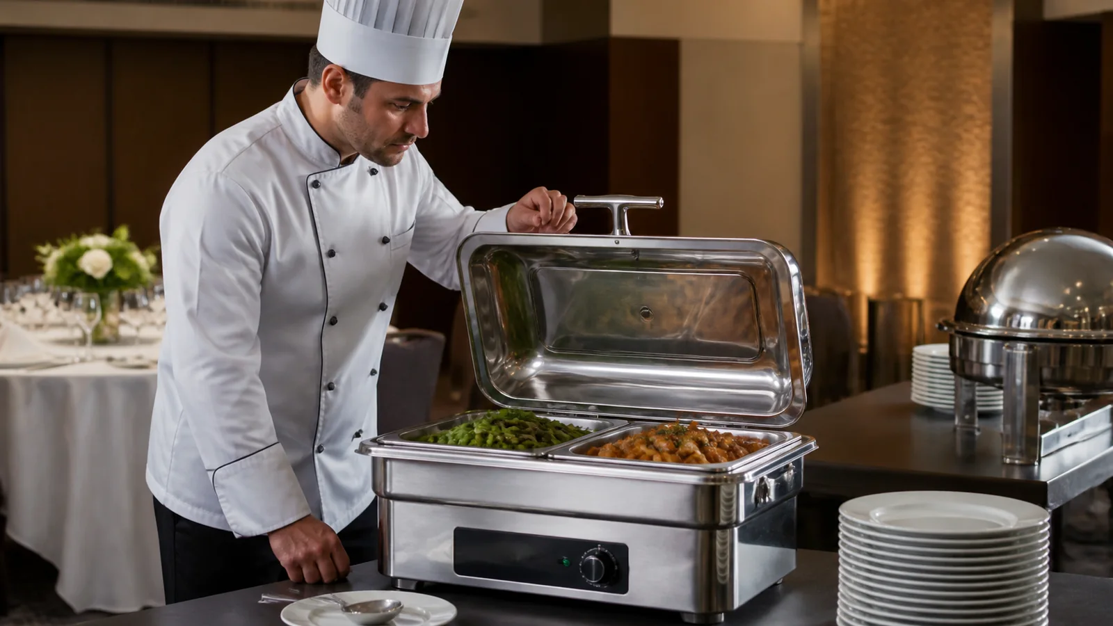 Mise en situation éditoriale d'un chafing dish avec contrôle thermique dans son contexte d'usage professionnel