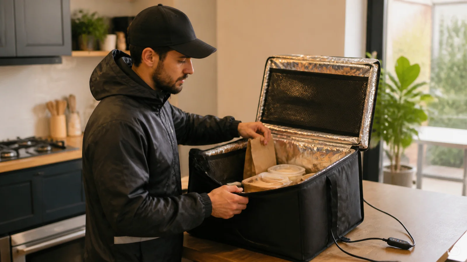 Mise en situation éditoriale d'un sac de livraison chauffant dans son contexte d'usage professionnel