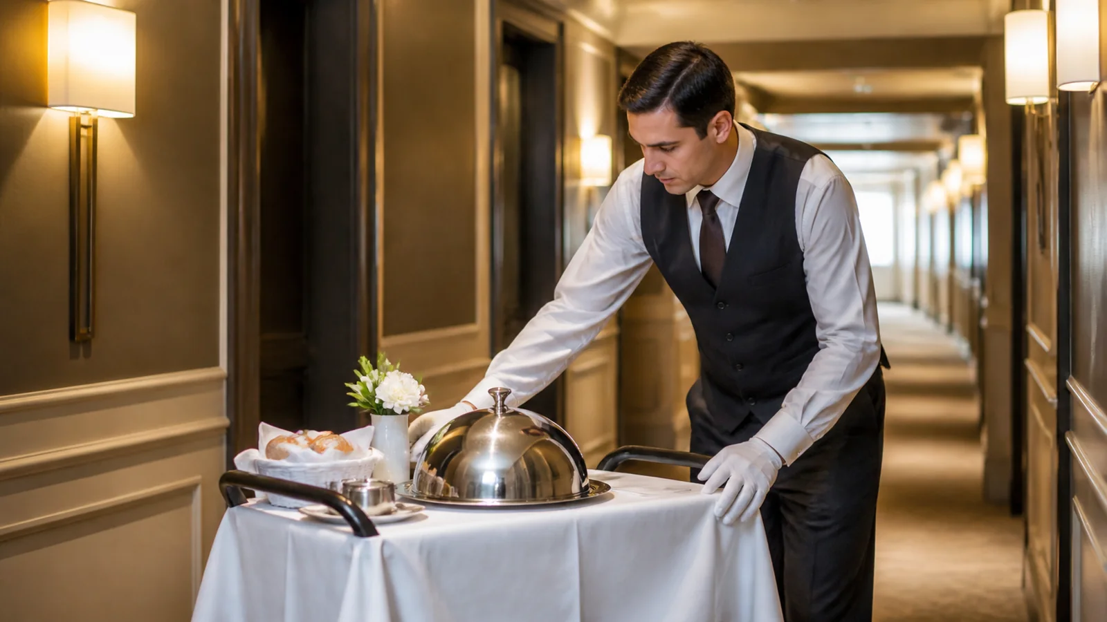 Mise en situation éditoriale d'un plateau room service avec cloche isolante dans son contexte d'usage professionnel