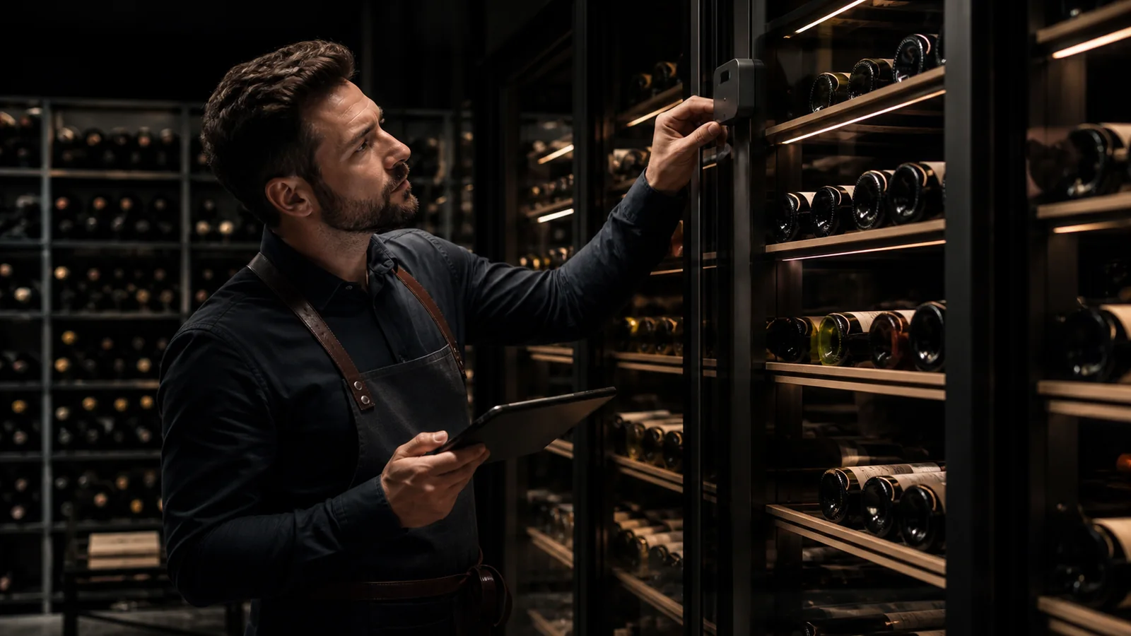Mise en situation éditoriale d'un cave à vin connectée professionnelle dans son contexte d'usage professionnel