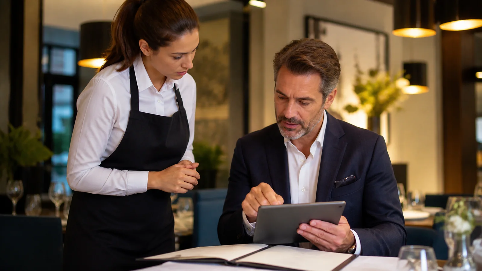 Mise en situation éditoriale d'un boîtier allergènes pour menu dans son contexte d'usage professionnel