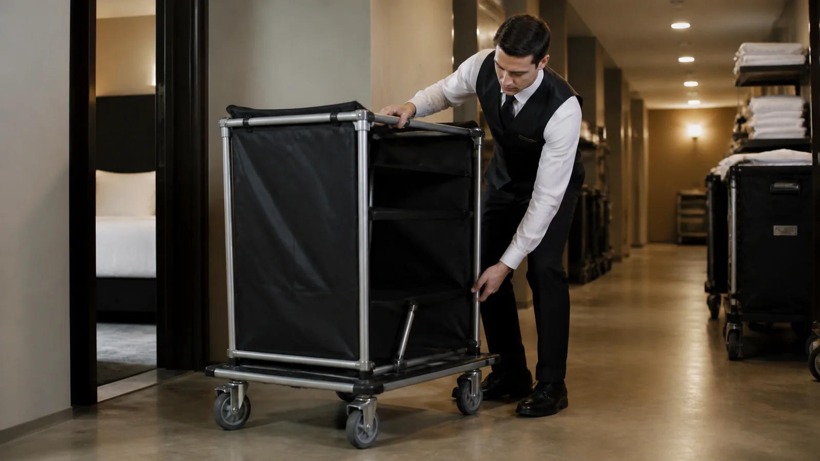 Mise en situation éditoriale d'un chariot de service pliable dans son contexte d'usage professionnel