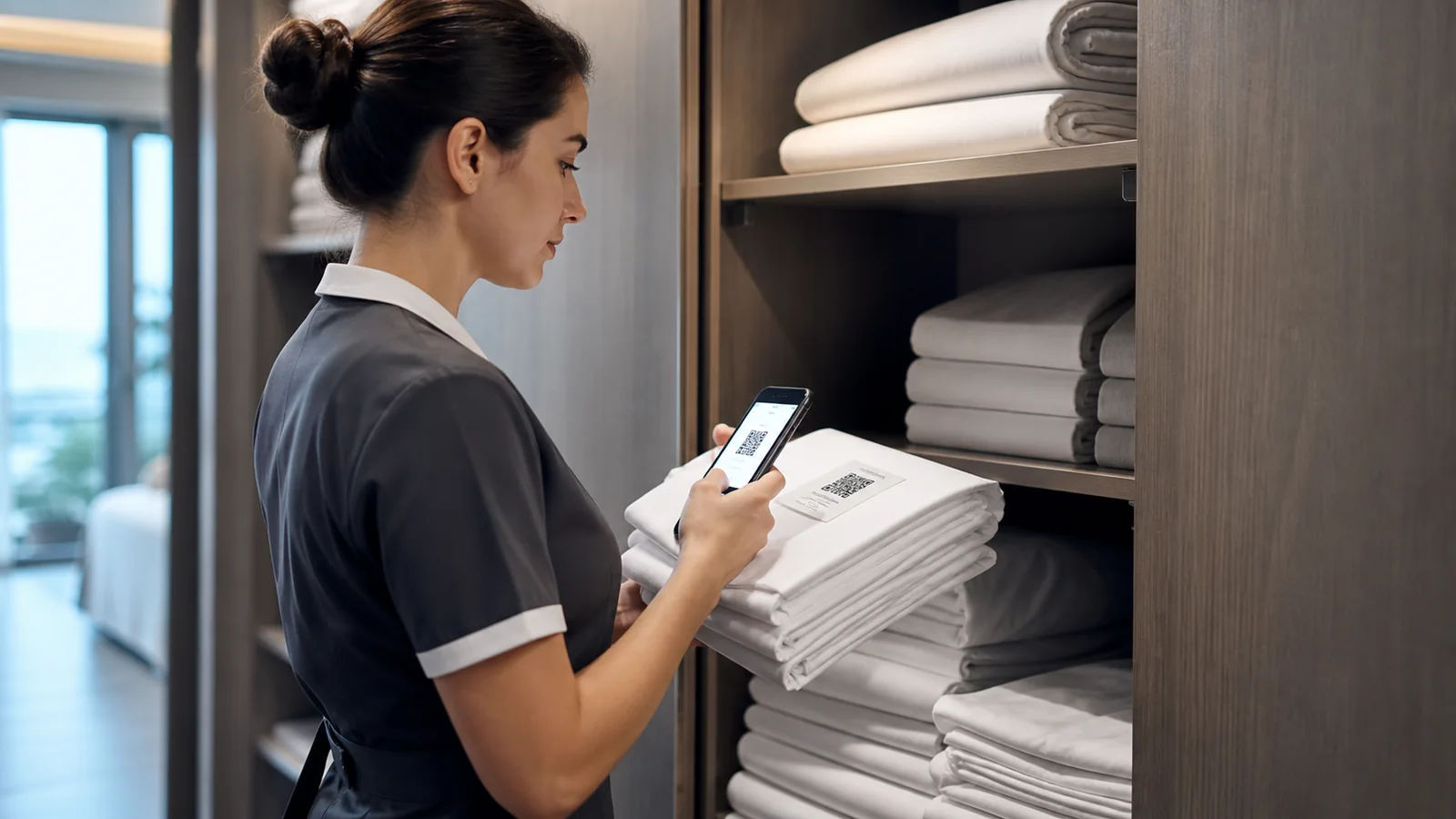 Mise en situation éditoriale d'un armoire à linge avec suivi qr dans son contexte d'usage professionnel