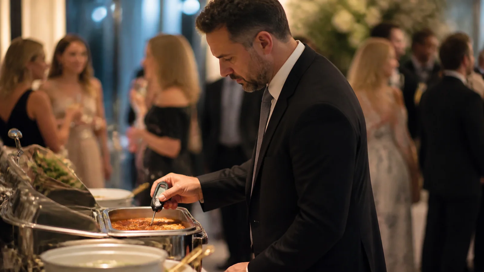 Mise en situation éditoriale d'un thermomètre de buffet dans son contexte d'usage professionnel