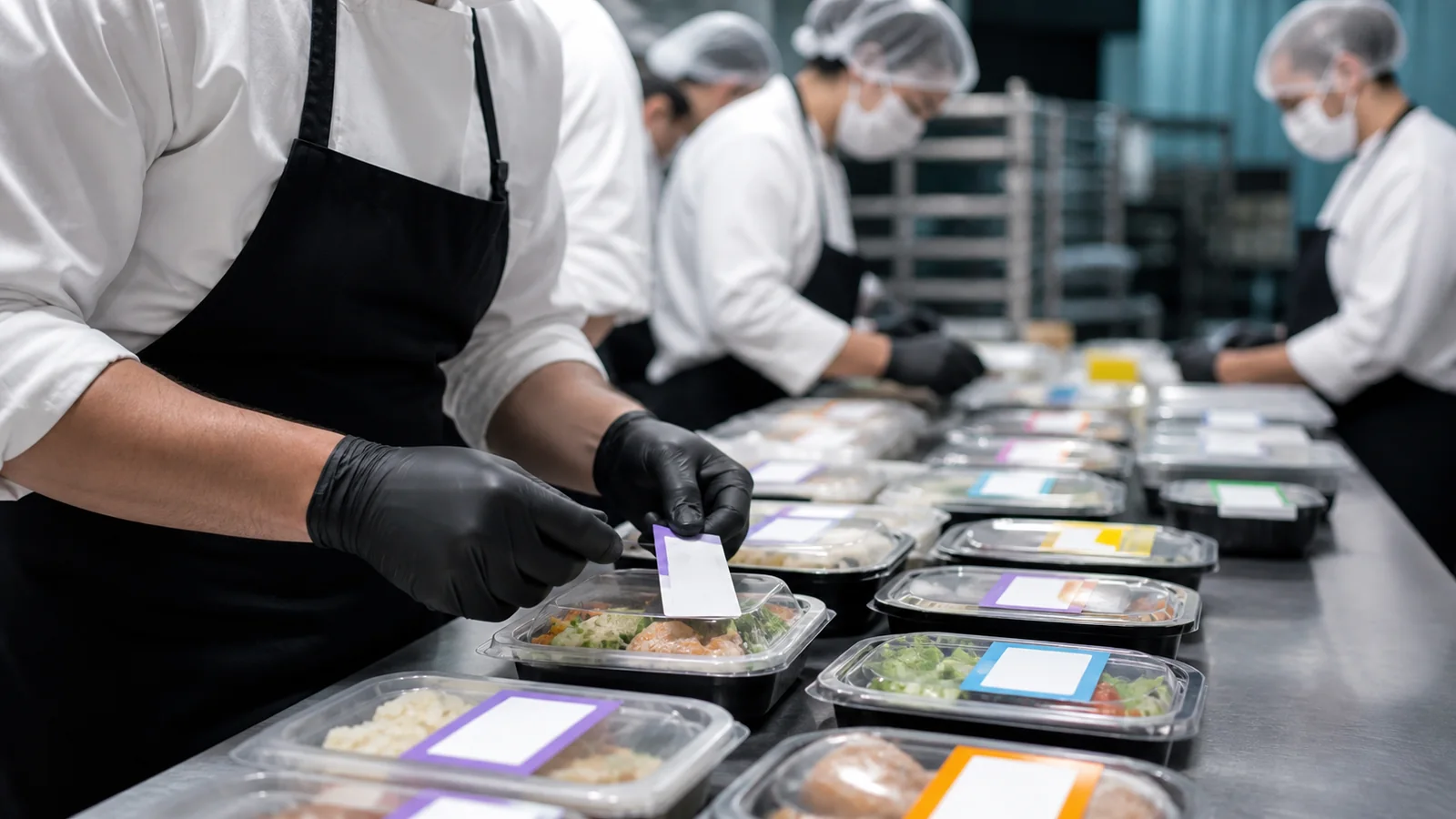Mise en situation éditoriale d'un étiquettes traiteur événementiel dans son contexte d'usage professionnel