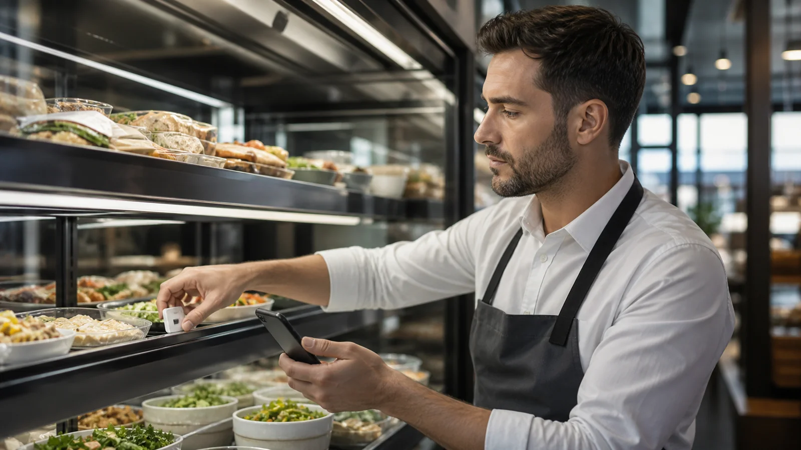 Mise en situation éditoriale d'un capteur de température pour vitrine dans son contexte d'usage professionnel