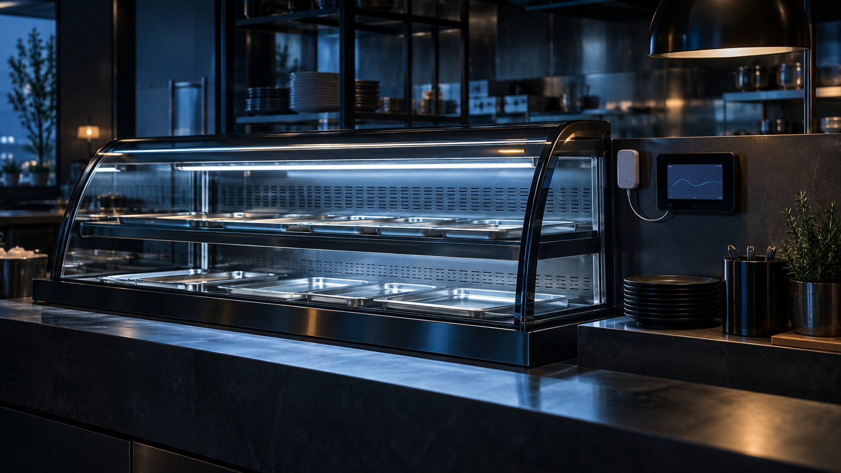 Visuel éditorial de contexte pour Système connecté de surveillance de température pour vitrine de service; il ne représente pas exactement SmartKitchen automatic temperature monitoring.