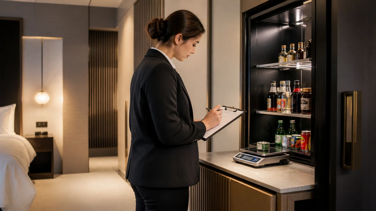 Mise en situation éditoriale d'un balance d’inventaire minibar dans son contexte d'usage professionnel