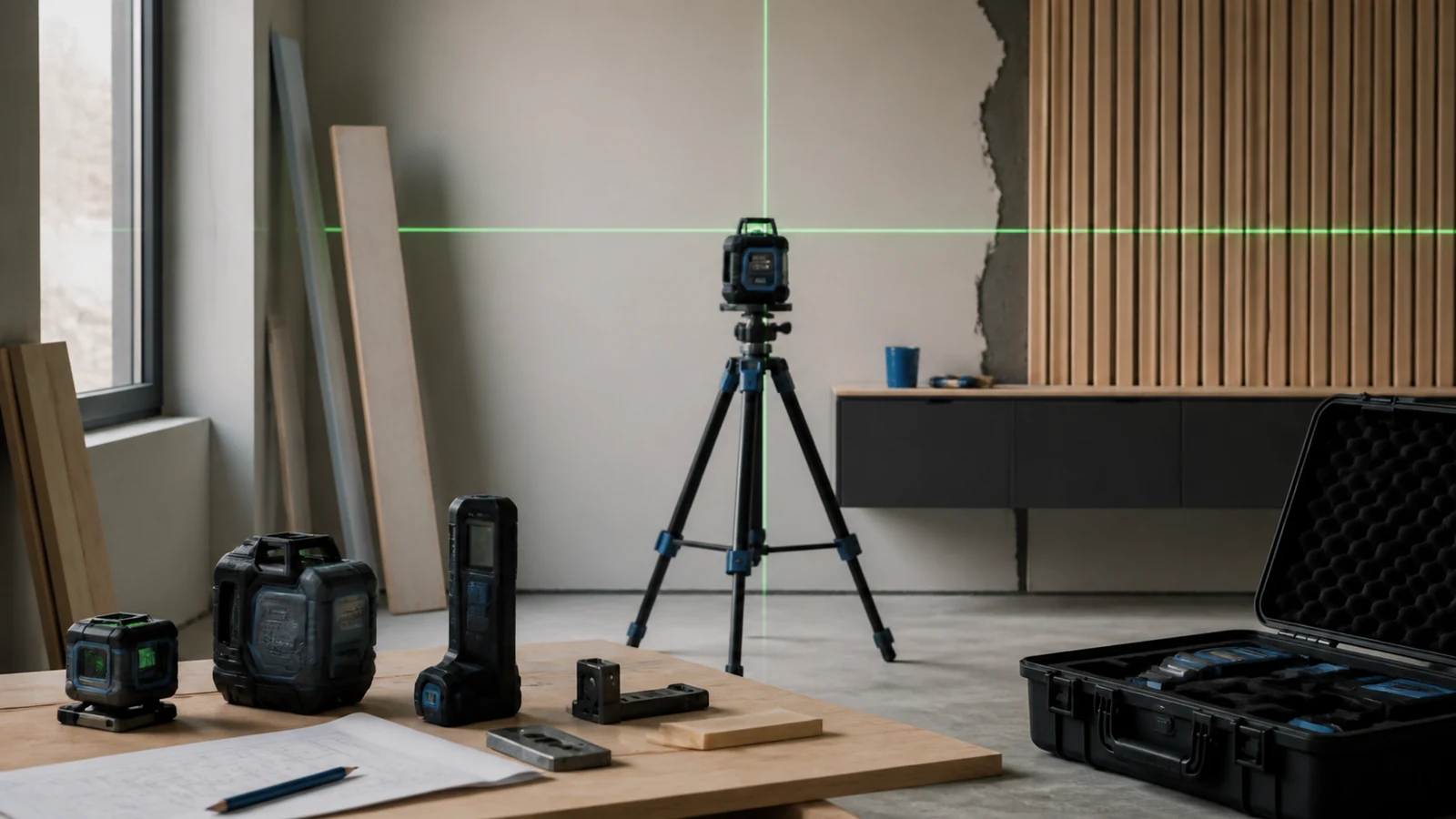 Mise en situation éditoriale d'un niveau laser dans son contexte d'usage professionnel