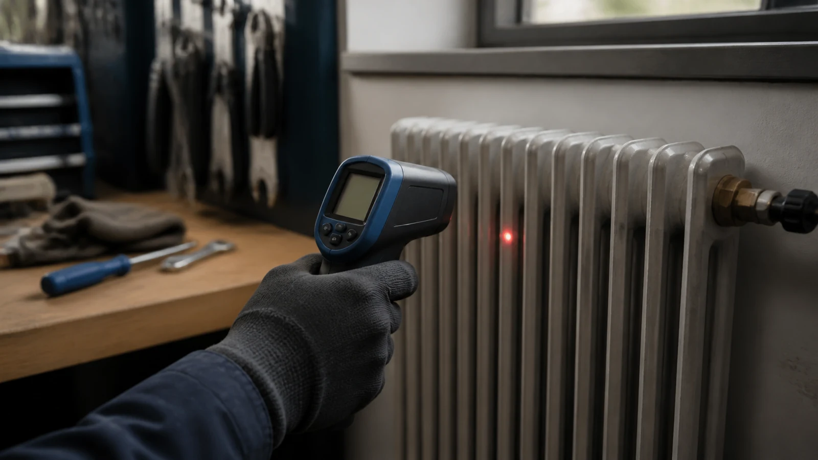 Mise en situation éditoriale d'un thermomètre infrarouge de maintenance dans son contexte d'usage professionnel