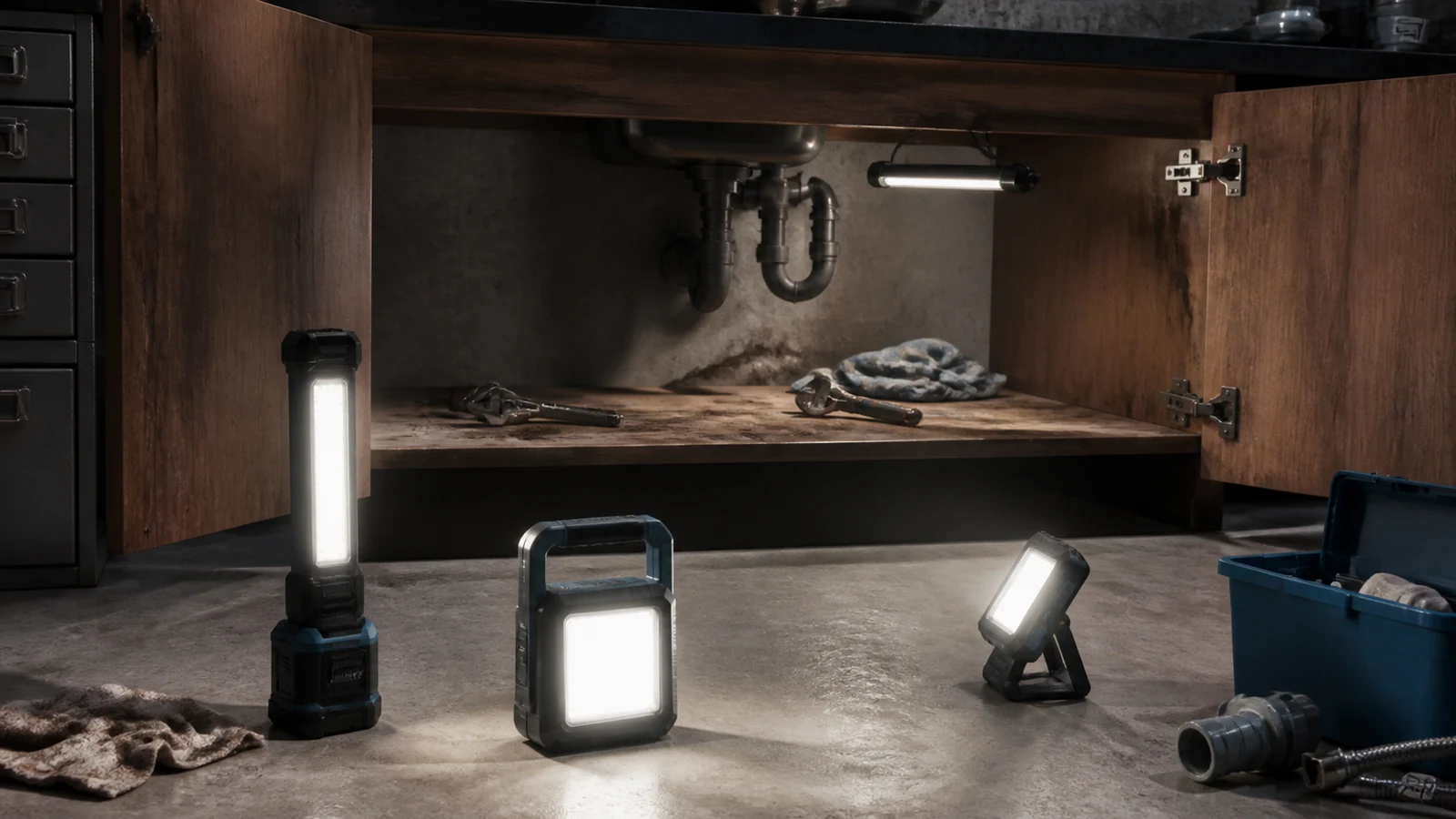 Mise en situation éditoriale d'un lampe de chantier rechargeable dans son contexte d'usage professionnel