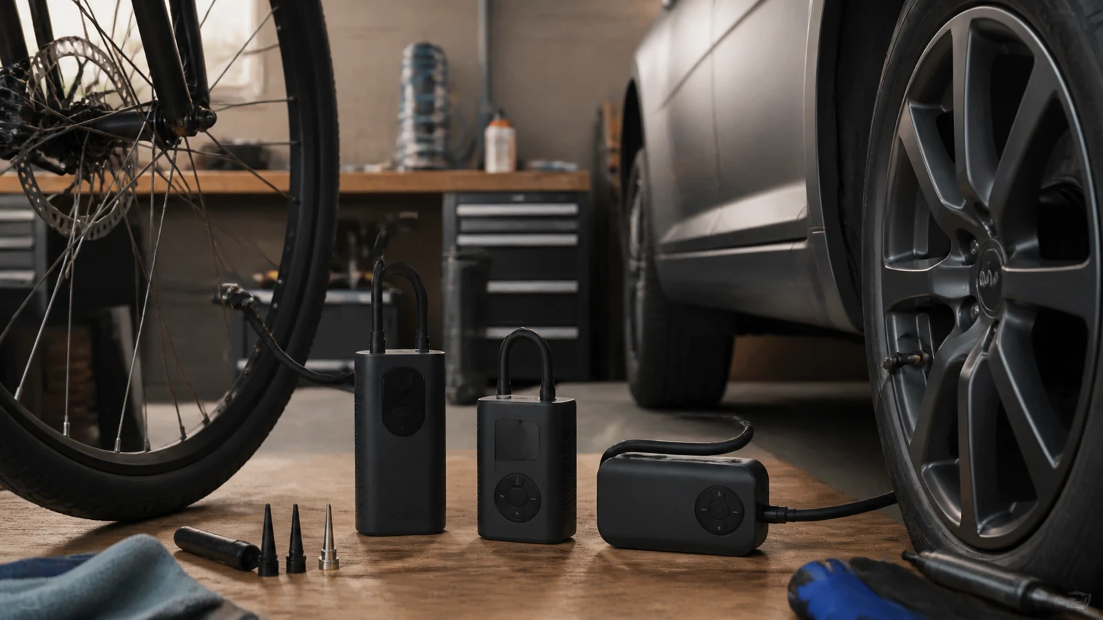 Mise en situation éditoriale d'un mini compresseur portable dans son contexte d'usage professionnel