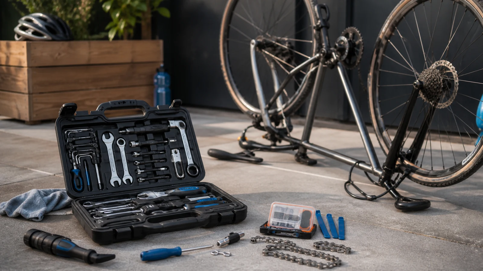 Mise en situation éditoriale d'un kit de réparation vélo dans son contexte d'usage professionnel