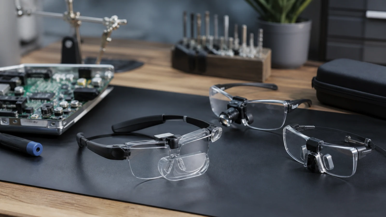 Mise en situation éditoriale d'un lunettes grossissantes de réparation dans son contexte d'usage professionnel