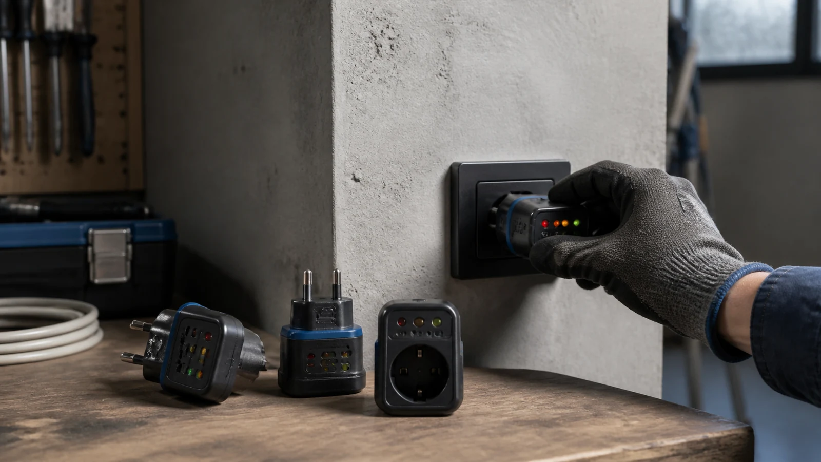 Mise en situation éditoriale d'un testeur de prise électrique dans son contexte d'usage professionnel